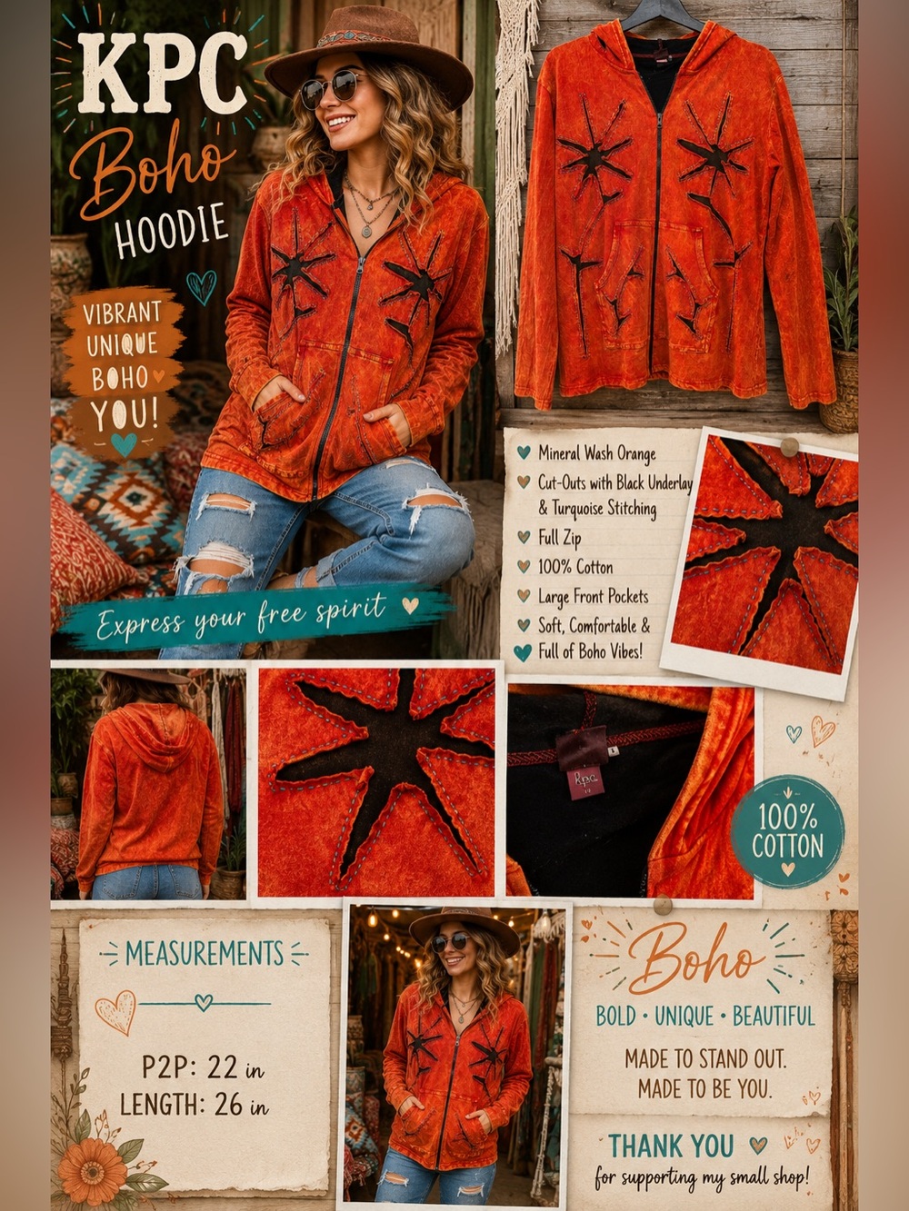 KPC Boho Full Zip Hoodie - Orange Mineral Wash w/BLk Floral and Turq stitch XL